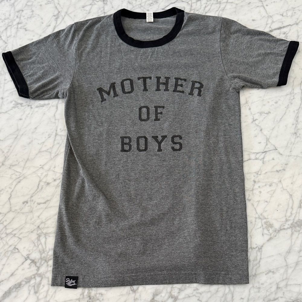 Gray 'Mother of Boys' Womens Ringer T-Shirt Slyfox Threads Sz S